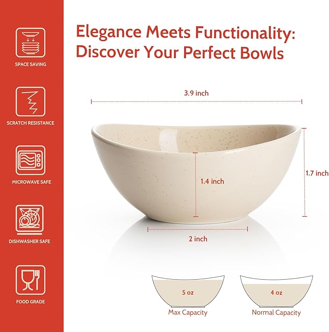 Sweese 4 Inch Porcelain Small 4 oz Bowls for Sauce | Charcuterie | Dipping | Snack | Condiment | Side Dishes Set of 6 - Microwave, Dishwasher and Oven Safe - Beige