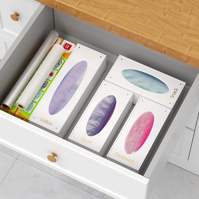 FEMELI Food Bag Storage Organizer, Acrylic Kitchen Drawer Baggie Box, Compatible with Gallon, Slider Quart, Freezer, Sandwich, Snack, Variety Size Bags, 4 separate Pack(White)