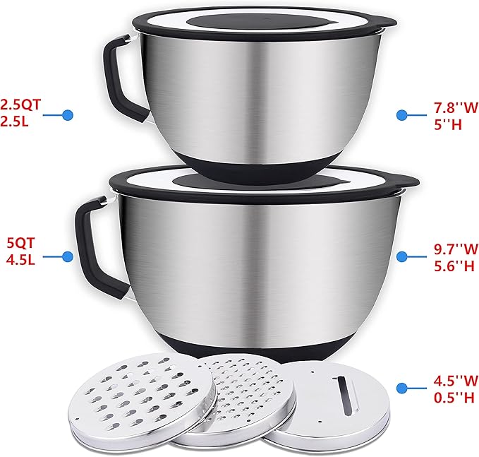 HAPPY KIT 18/8 Mixing Bowls With Lids Set of 2,Stainless Steel Mixing Bowl With Pour Spout, Non-slip Handle and Bottoms, 3 Grater Attachments, Measurement Marks & Lid, Size 5, 3QT(Black)