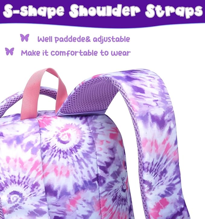 BLUEFAIRY Girls Backpack with Lunch Box Kids Bookbag Set Elemenatry School Bag 17" with insulated Lunch Bag Lunchbox Set Cute Back to School Gifts Mochilas Escolares para Niñas Tie Dye Purple