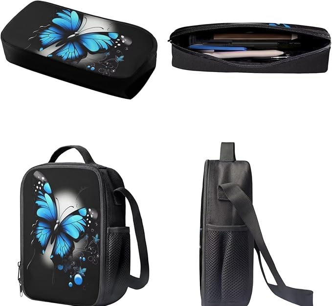 Dolyues Blue Butterfly Print 17 Inch Student Backpack, Bento Lunch Bag & Zipper Pencil Holder - Spacious & Trendy for Teen Girls