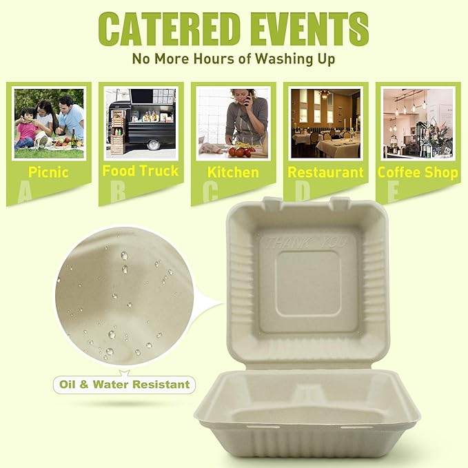 Green Earth, 9-inch, 50-Count, 3-Compartment, Compostable Clamshell, BAM Ware (Bamboo Fiber), Take-Out/to-Go Food Boxes - Biodegradable Containers, Hinged Lid Microwave-Safe Gluten-Free