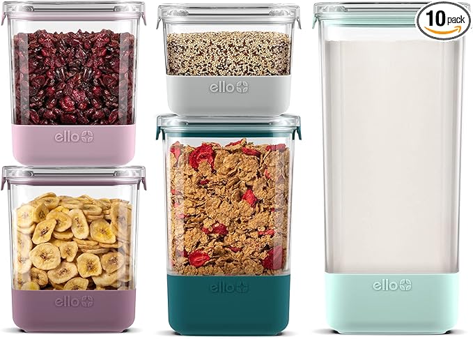 Ello Airtight Food Storage Plastic Canisters with Non-Slip Base Locking Lids and Labels for Kitchen and Pantry Organization Perfect for Sugar, Cereal, Pasta | Set of 5 Mixed Set | Garden Goals