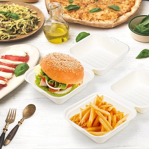 Peohud 100 Pack Compostable Clamshell Take Out Food Containers, 6 x 6 Inches Disposable To-Go Food Containers, Bagasse Bento Cake Box for Hamburger Sandwiches Chips