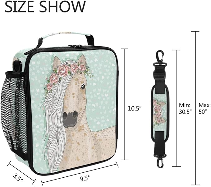 Pfrewn Cute Horse Lunch Box Unicorn Animals Flowers Fairytale Insulated Lunch Bag Reusable Cooler Meal Prep Bags Lunch Tote with Shoulder Strap for Office Adults School Kids Girls Teens