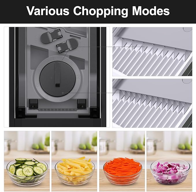 Safe Mandoline Slicer for Kitchen, Adjustable Thickness 0.1-8 mm, 5 in 1 Multi Vegetable Chopper, Potato Slicer, Food Chopper French Fry Cutte, Paring Knife/Cleaning Brush, Mandolin (BlackKnight)