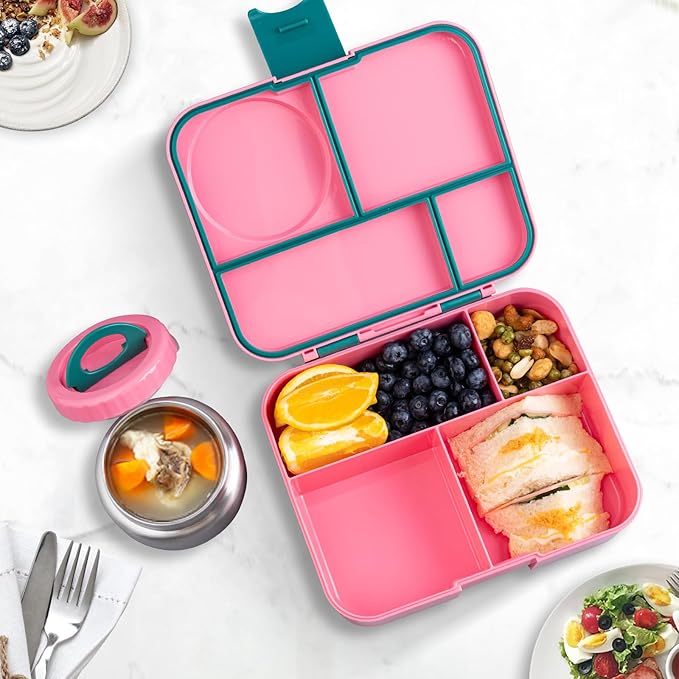 Bento Lunch Box for kids With 8oz Soup Thermo,Leak-proof Lunch Containers with 4 Compartment,Thermo Food Jar, BPA Free,Travel, School