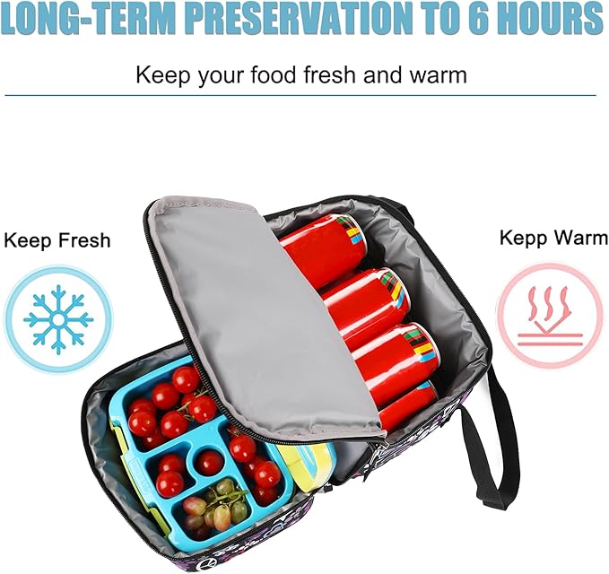 Tilami Lunch Bags Insulated Adjustable Strap Zipper, Water-Resistant Cooler Bags, Bento Bags for Kids Toddlers, Heart Black