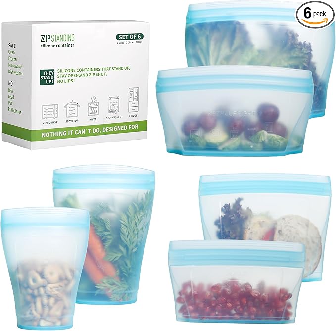 Reusable food container, silicone bag, 6 Pcs Zip Containers Can be used for fruit and vegetable snacks, etc. Microwave Dishwasher and Freezer Usable (blue)…