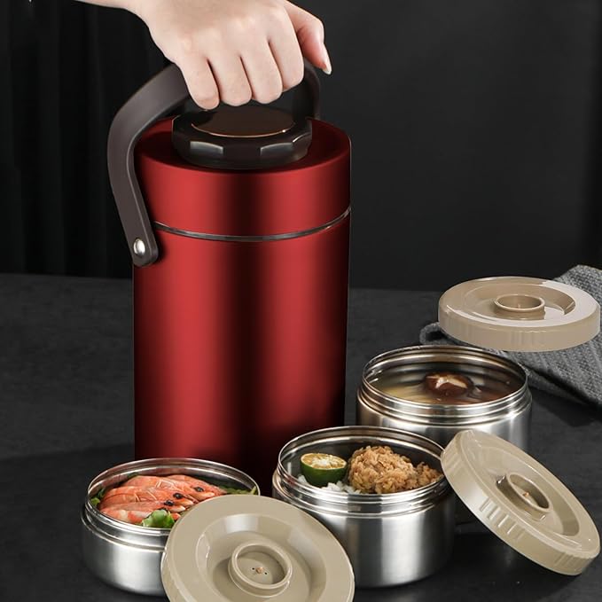 Thermos for Hot Food, 3 Layered 67oz Adult Stackable Food Thermos Jar, Insulated Wide Mouth Sealed Soup Container with Lunch Bag Cutlery, Stainless Steel Travel Bento Lunch Box for Office Outdoor Meal