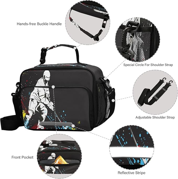 Pfrewn Hockey Player Rainbow Lunch Box for Kids School Students Insulated Lunch Bag with Shoulder Strap for Office Adults Reusable Cooler Bags Lunch Tote