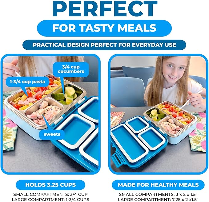 kinsho Stainless Steel Bento Box Lunch Container for Kids Adults with Removable Tray, Leakproof Silicone Seals, BPA Free 26 oz/790 mL (Blue)