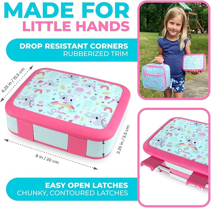 kinsho Bento Lunch Box with Water Bottle, Insulated Bag & Ice Pack Set for Kids Toddlers Girls, 4 Portion Sections, Removable Tray, Pre-School Kid Toddler Daycare Lunches, Snack Container, Pink Koala