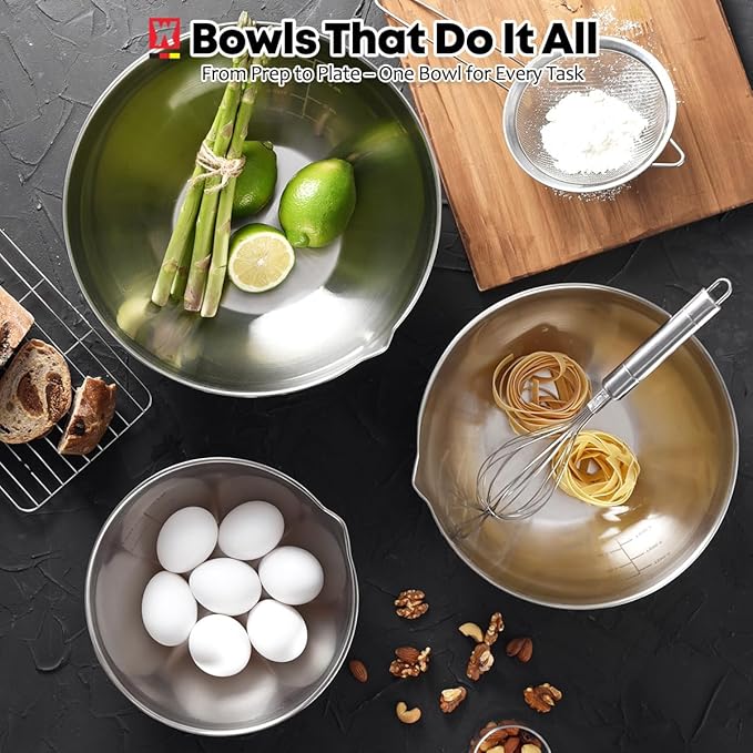 3-Piece Stainless Steel Mixing Bowl Set, Beige/Mint Green/Light Gray, Nesting Design with Pure Spout, Multipurpose Kitchen Basket /1.56Quarts/3.17Quarts/4.23Quarts (Assorted Color)