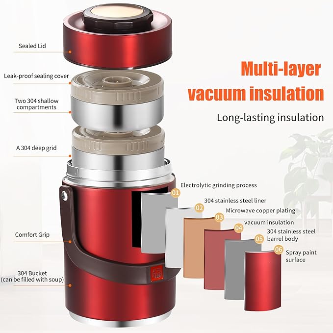 67 Oz Adults Stainless Steel Vacuum Soup Thermos For Hot Food with Inserts Stackable Bento Box and Lunch Bag,Width Mouth Portable Nsulated Food Jar Lunch Container (red, 67 oz)