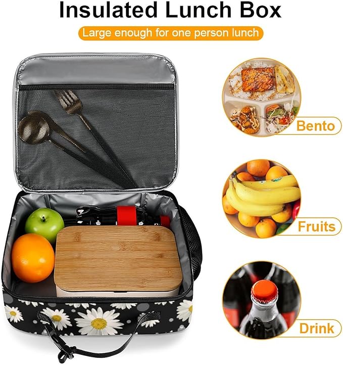 White Daisies Reusable Lunch Box Insulated Lunch Bag Cooler Bag Lunchbox Meal Food Container Tote Bag for Women Kids Girls School Camping Hiking Picnic Beach Travel