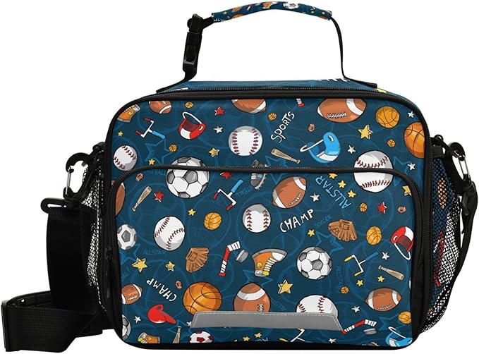 Pfrewn Lunch Bag for Women Men Baseball Football Ball Pattern Insulated Lunch Box Tote Large Cooler Bag for Office Picnic 11x4.3x9inch