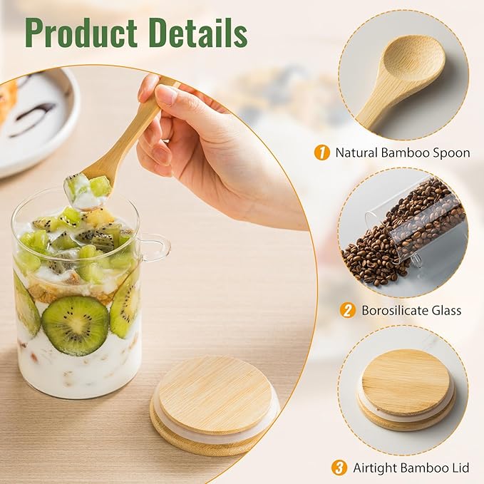 6 Pack 16oz Glass Jars with Bamboo Lids and Spoons,Overnight Oats Container,Glass Containers for Yogurt,Salad,Sugar,Oatmeal,Cereal,Meal prep and Chia pudding