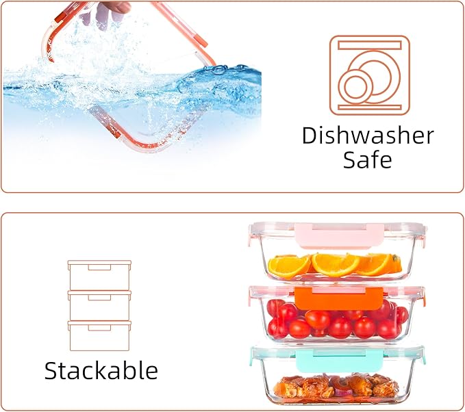 Glass Meal Prep Containers with Lids(5 Pack, 34oz), Glass Food Storage Containers for Lunch at Work, Leak-proof Food Containers, Microwave/Dishwasher Safe