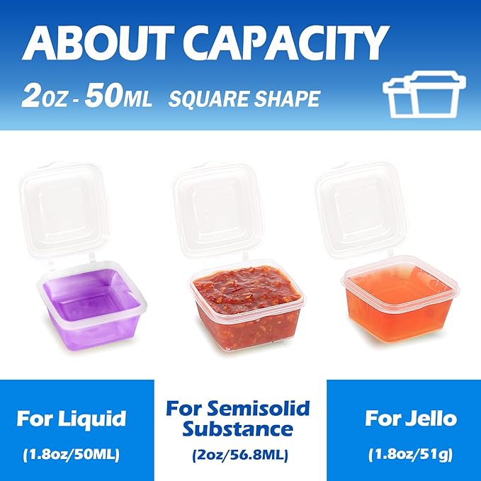 2 oz Plastic Containers with Lids (200pack), Disposable Condiment Containers with Lids, Portion Cups for Sauce, Jello Shot, Souffle (Square)
