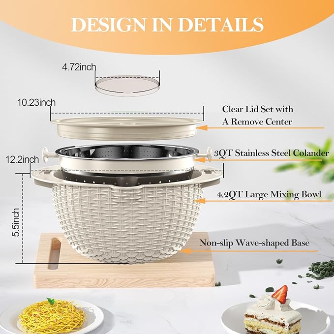 4-1 Colander with Bowl Set, Food Strainers and Colanders, Rice Strainer, Fruit Washing Bowl with Strainer, Rotatable colander for kitchen, Aesthetic Kitchen Gadget - Beige