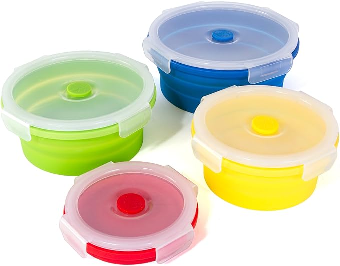 Thin Bins Collapsible Containers Set of 4 Round Silicone Food Storage Containers BPA Free, Microwave, Dishwasher and Freezer Safe - No more cluttered container cabinet! SC-149A