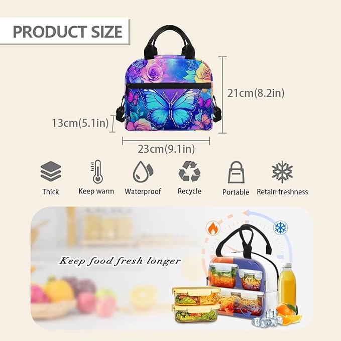 Showudesigns Butterfly Lunch Bag for Teen Girls 12-14 Middle School Lunch Box Insulated Cooler Tote Bag for School Work Office Shopping Lunchbox Food Containers Organizer Purple