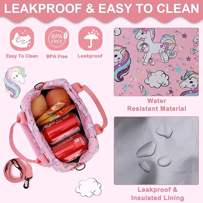 RAVUO Unicorn Lunch Bag Water Resistant Insulated Cute Girls Lunch Box for Kids Reusable Lunch Tote with Detachable Shoulder Strap