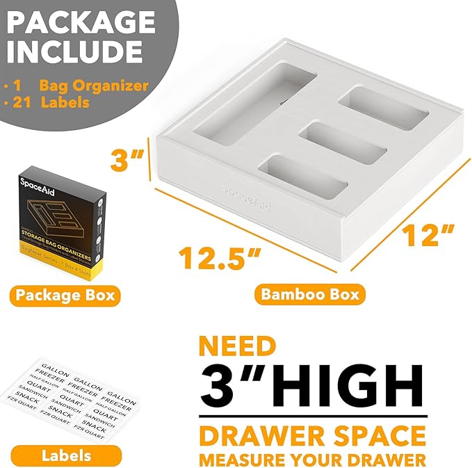 SpaceAid Bag Storage Organizer for Kitchen Drawer, Bamboo Organizer, Compatible with Gallon, Quart, Sandwich and Snack Variety Size Bag (1 Box 4 Slots), White