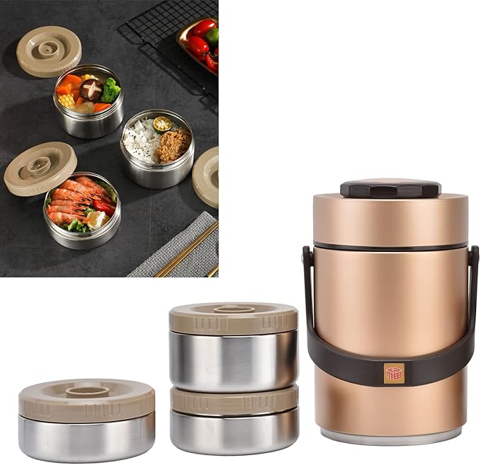 Yosoo Thermos for Hot food Wide Mouth Lunch Box, 2000ml 3-Layer Stackable Insulated Food Container Reusable Leak Proof Soup Food Jar for Warm/Cool Food Daily Office Travel Picnic Outdoor Meals(Gold)