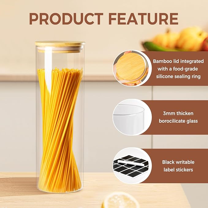 60oz Glass Storage Containers with Lids for Pasta Spaghetti, Tall Glass Jars with Airtight Wood Lids, Kitchen Food Storage Pantry Jars, For Cookies Flour Cereal Sugar Tea Coffee Beans (Set of 4)