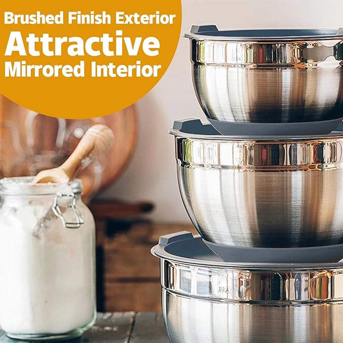 Mixing Bowls with Airtight Lids, 20 piece Stainless Steel Metal Nesting Bowls, Non-Slip Silicone Bottom, Size 7, 3.5, 2.5, 2.0,1.5, 1,0.67QT Great for Mixing, Baking, Serving (Grey)