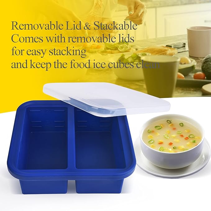 2 Cup Silicone Freezer Tray with Lid - 1 Pack - Make 2 Perfect 2-Cup Portions - Easy Release Molds for Food Storage & Freeze Soup, Broth, Stew or Sauce