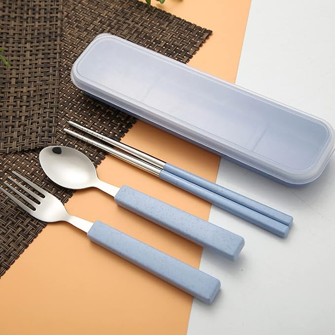 VANRA 3-Piece Children Utensils Set 18/8 Stainless Steel Child Flatware Set Silverware Spoon Fork Chopstick Set with Travel Case for Kids Lunch Box