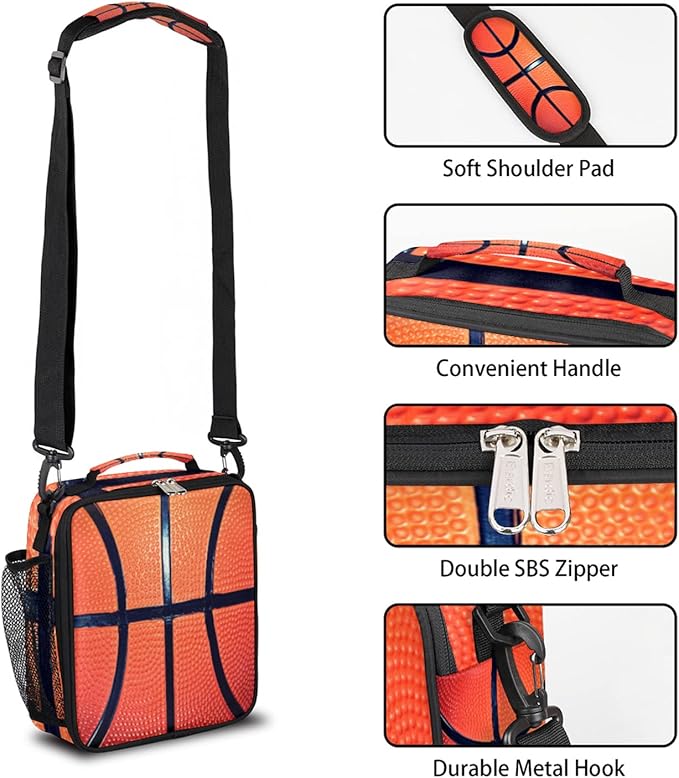 Bardic Basketball Lunch Box for Kids, Texture Ball Sport Insulated Lunch Bag for Boys Girls, Reusable Waterproof Lunch Box with Adjustable Shoulder Strap Cooler Tote Bag for School, Work, Picnic…