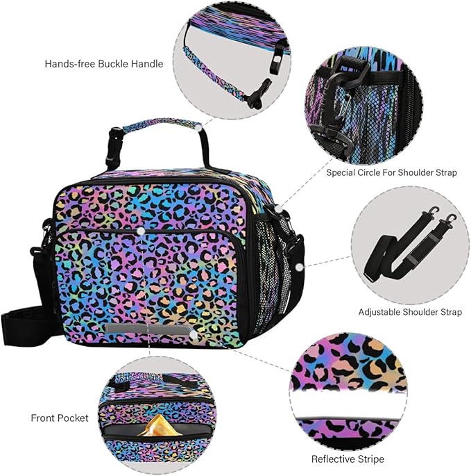 MNSRUU Student Lunch Bag Rainbow Leopard Insulated Lunch Totes Picnic Bag Lunch Box with Adjustable Shoulder Strap for Teen Kids Adults