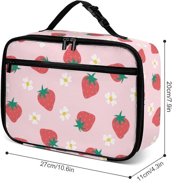 Strawberry Flowers Reusable Lunch Box Insulated Lunch Bag Cooler Bag Lunchbox Meal Food Container Tote Bag for Women Kids Girls School Camping Hiking Picnic Beach Travel