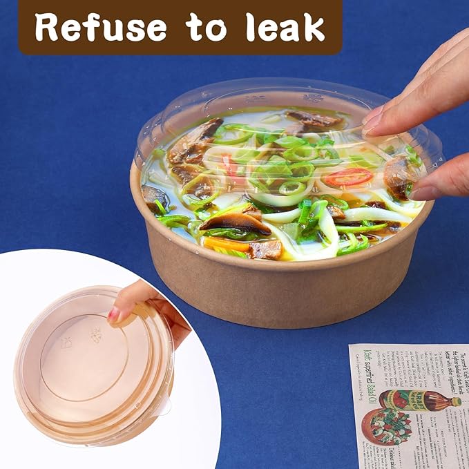 17 oz 50 Pack Large Kraft Paper Bowls with Lids, Paper Salad Bowls, Disposable Soup Salad Bowls, Paper Food Container for Salad Hot Cold Food