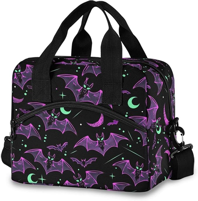 MNSRUU Insulated Lunch Bag Neon Purple and Bats Stars and Moons Women Men Fabric Dinner Tote Cooler Bag Reusable Leakproof Lunch Box with Adjustable Shoulder Handles Strap For Work School