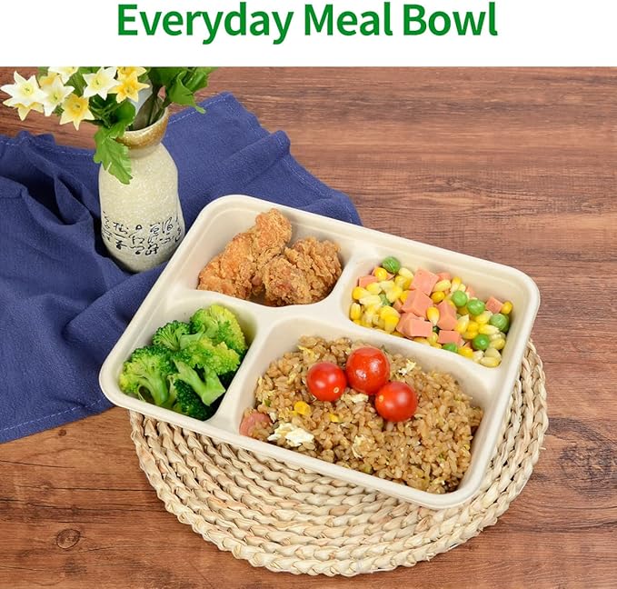 Bloomoom 100 Pack 4 Compartment Paper Bowls, Deep Disposable Lunch Trays with 4 Compartment, Microwavable for Food Services at Party, Church, Food Court