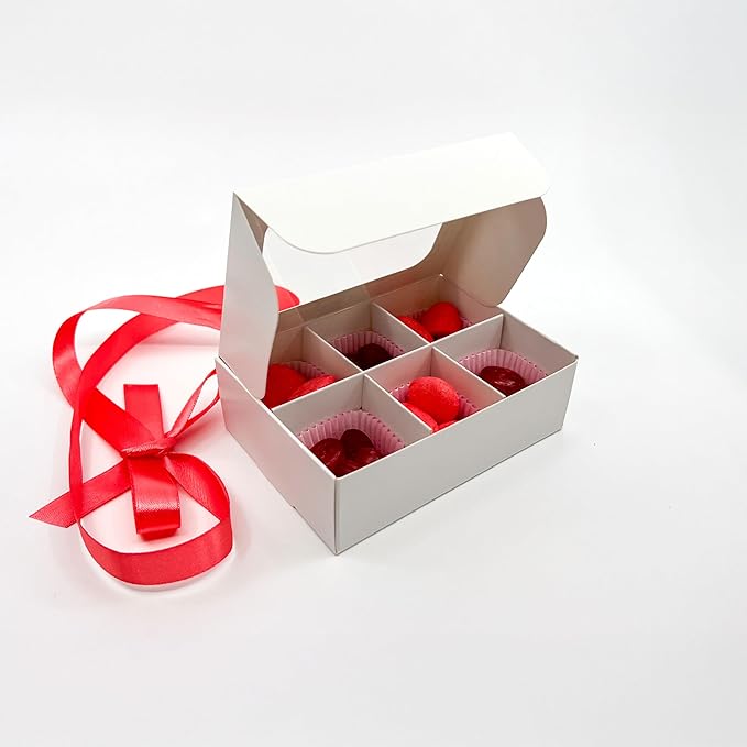 Treat boxes with window and dividers | 6 X-SMALL compartments | 5 x 3.5 x 1.57 in | Empty candy boxes for gift giving, truffle box - perfect for Valentine's Day | 20-pack (White)