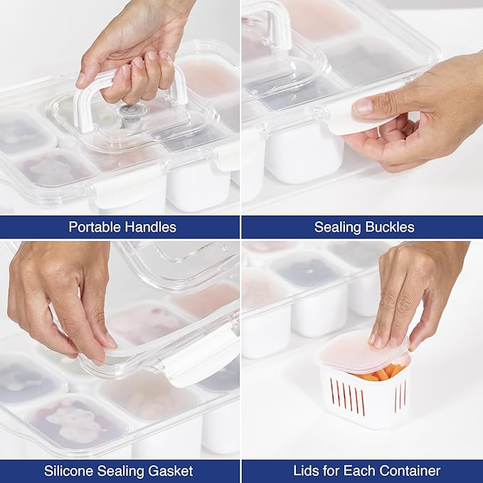 | Snackle Box Container, Divided Serving Tray with Lid & Handle - Microwave & Dishwasher safe - 8 Compartment Snack Organizer with 4 Regular & 4 Filter Cups for Travel, Picnic, Candy & Fruit