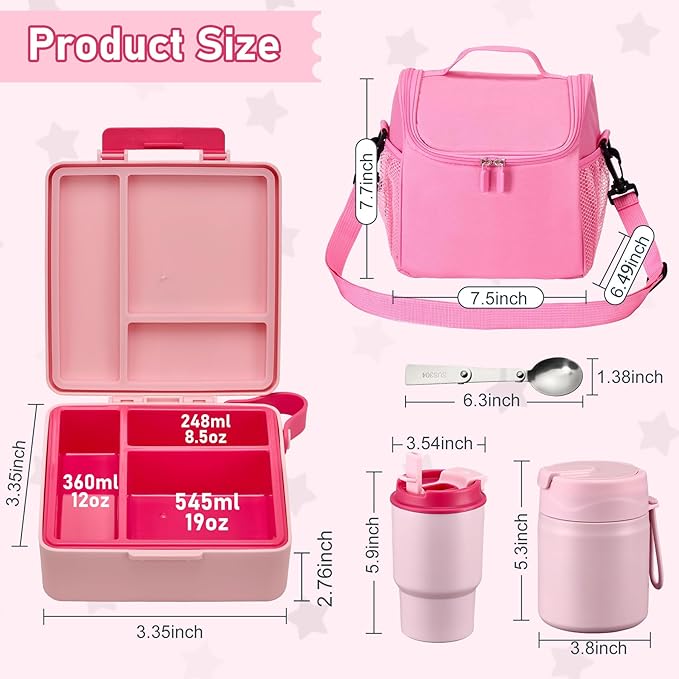 Bento Lunch Box for Kids with 17oz Soup Thermo,Insulated Tumbler Water Bottle and Insulated Lunch Bag,Leak-Proof 3 Compartment Lunch Food Container with with Ice Pack for Kids to School-Pink