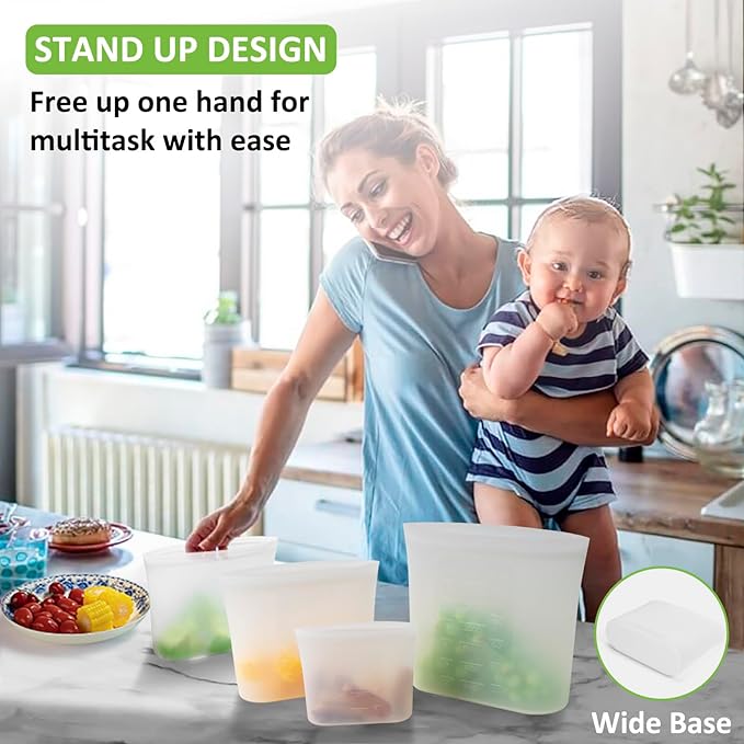 Reusable Storage Bag, 8 Pack 100% Silicone Food Storage Bags Stand Up Zip Lock Bags for Food, Freezer Microwave Oven Dishwasher Safe, 2 Extra Large(0.8 Gallon) 2 Large 2 Medium 2 Small, Translucent