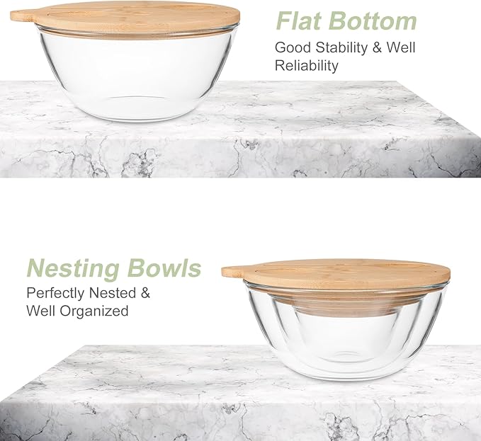 Glass Salad Bowls, Set of 3 Glass Bowls with Bamboo Lids Large Serving Bowl for Salad, Pasta, Desserts, W/Bamboo Utensils Salad Fruit Nesting Bowl for Cooking,Baking,Prepping,Serving & Storage
