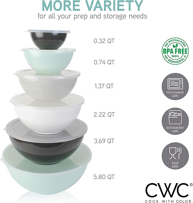 COOK WITH COLOR Mixing Bowls with Lids - 12 Piece Plastic Nesting Bowls Set includes 6 Prep Bowls and 6 Lids, Microwave Safe Mixing Bowl Set (Mint/Black and White)