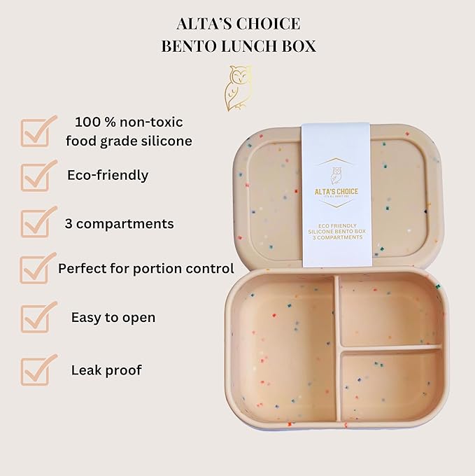 ALTA'S CHOICE SILICONE BENTO LUNCH BOX (IVORY). Leak-Proof Lunchbox, 3 Compartments. BPA, Phthalate, Lead, & PVC Free. Bento Lunch Box for Kids and Adults. Microwave, Dishwasher Safe, Reusable.