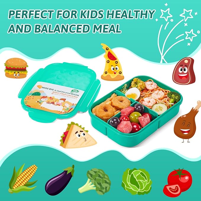 MISS BIG® Bento Box,Bento Box for Kids,Lunch Box Kids,Ideal Leakproof Kids Lunch Box,Lunch Containers No BPAs and Chemical Dyes,M/W,D/W & Fridge Safe(1150ml Green)