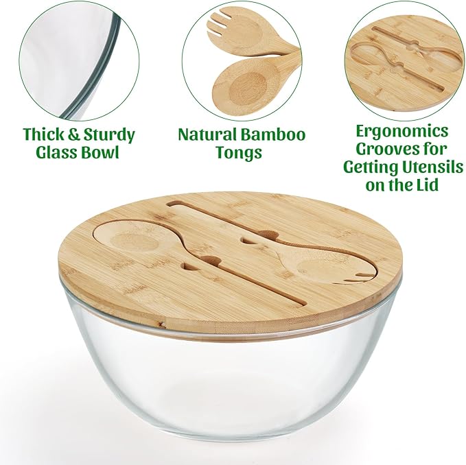 ShineMe Glass Salad Bowl, 4.7 Qt Large Mixing Bowl with Lid and Built in Utensils, Versatile Trifle Bowl for Serving, Mixing, Preparing, Storing, and Decoration in Kitchen