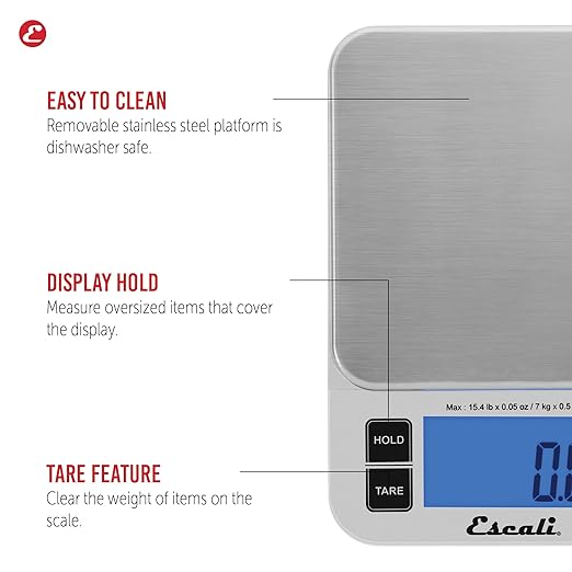 Escali Nutro Digital Food Scale, Multi-Functional Kitchen Appliance, Precise Weight Measuring and Portion Control, Baking and Cooking Made Simple, Stainless Steel Platform, Silver